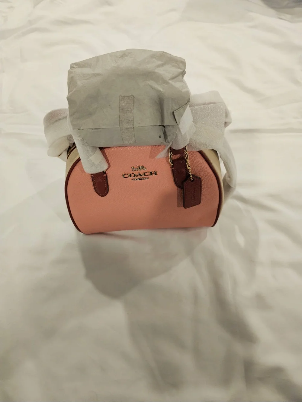Coach Pebble Leather Mini Satchel in Blush Pink with Brown Trim